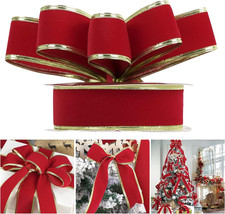 Red Velvet Wired Ribbon with Gold Trim - 1.5 Inch x 25 Yards for Decor
