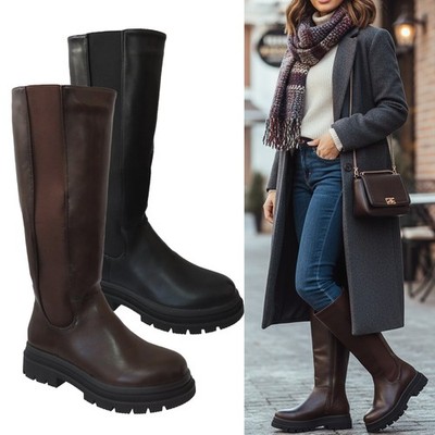 Halbhohe Damenstiefel Kunstleder Reißverschluss bequem dehnbar Biker klobiger Absatz