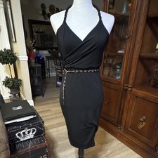 GUESS Black Halter V-Neck Bodycon Dress Knee Length Chain Accent Stretch 2