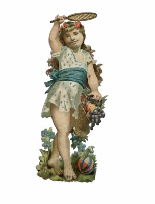 Alte Oblate Glanzbilder Scraps  Mädchen Federballschläger Korb Blumen ca.12 cm
