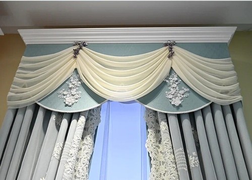 White Lace Screen Splicing with Chenille Curtains for Room Bay Window Valance - Picture 4 of 18
