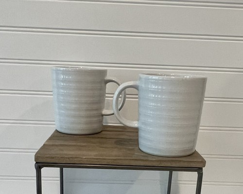 2 Crate & Barrel Coffee Mugs Roulette White Ribbed Porcelain Cups Set of 2 Cups - Picture 3 of 7