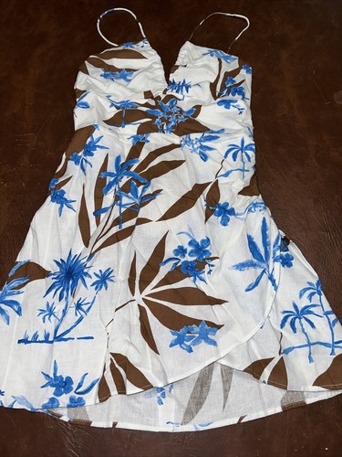 NWT Zara Blue & Brown Floral Linen Mini Dress W/ Lace Up Back M - Picture 3 of 5