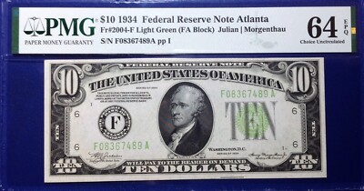 1934 $10 Federal Reserve Note Fr-2004-F Atlanta LGS PMG64 Choice EPQ