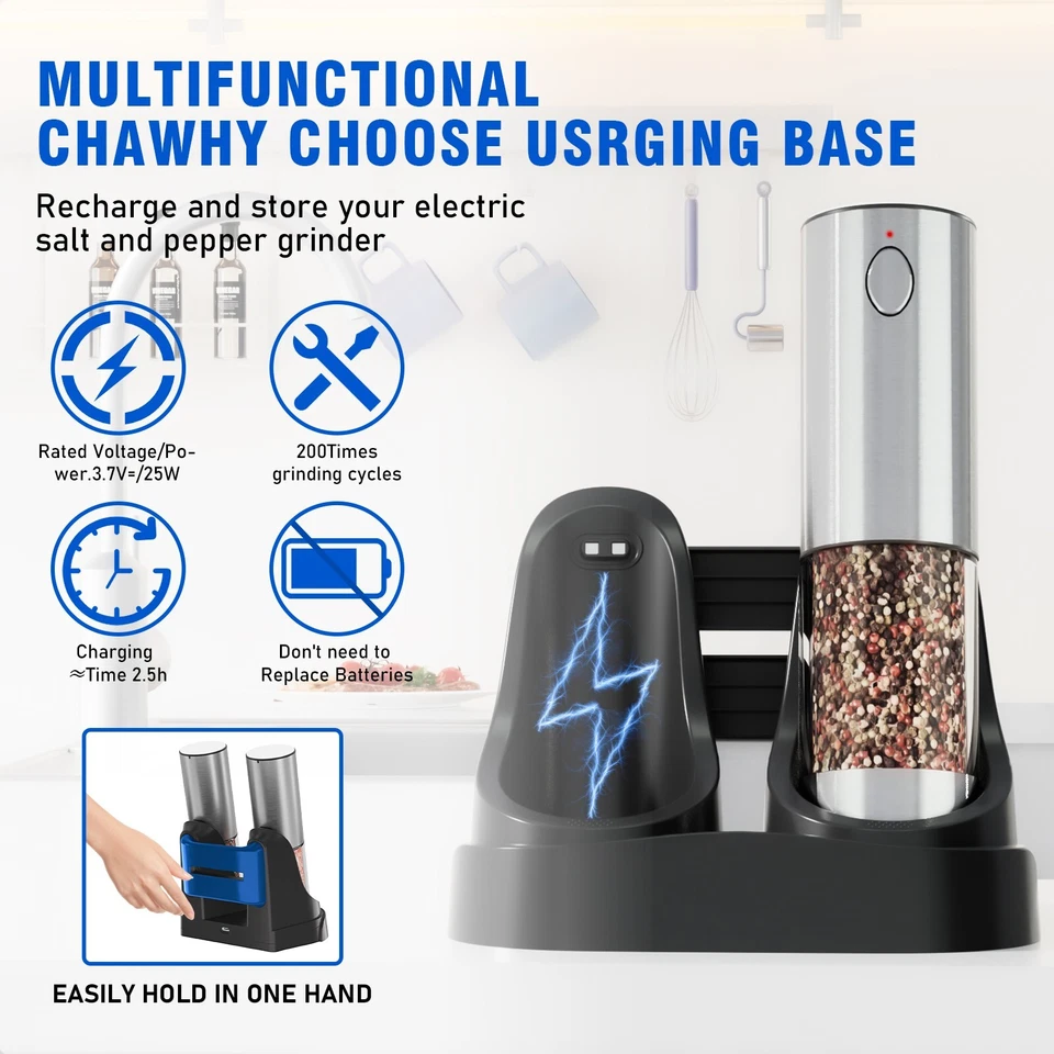 Juego de molinillo eléctrico recargable de sal y pimienta con base de carga paquete de 2 Foto 4 de 4