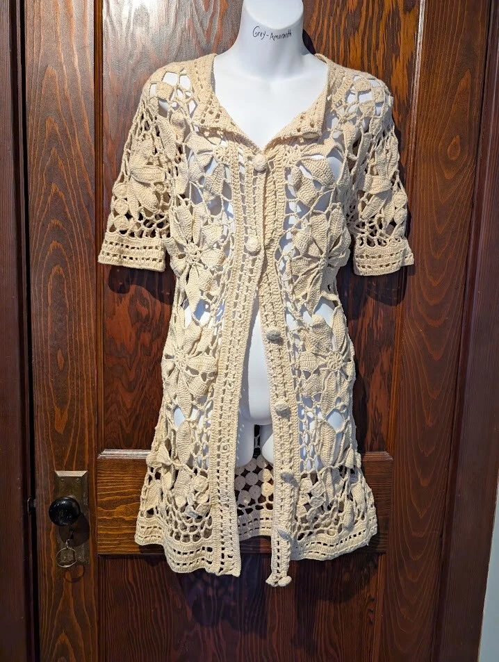 BETSEY JOHNSON Beige Algodón Crochet Midi Largo Cárdigan Floral Suéter Plumero 1D Foto 4 de 4