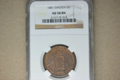 Sweden: 1881 5 ORE- NGC AU-58 BN.  Lovely, original coin.