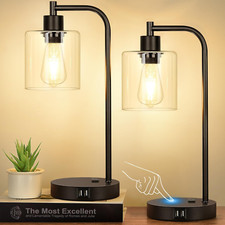 Set of 2 Industrial Touch Control Table Lamps with 2 USB Ports and AC Outlet ...