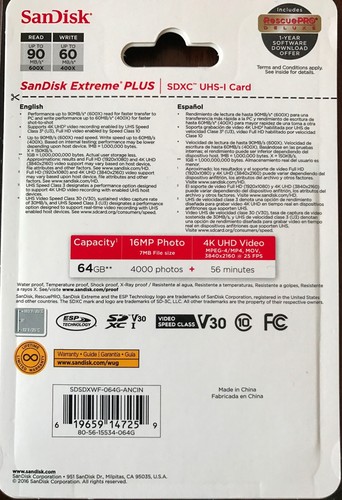 SANDISK SDSDXSF-064G-ANCIN 64GB SanDisk Extreme PLUS SDXC U3 V30 4K Memory Card - Picture 2 of 6