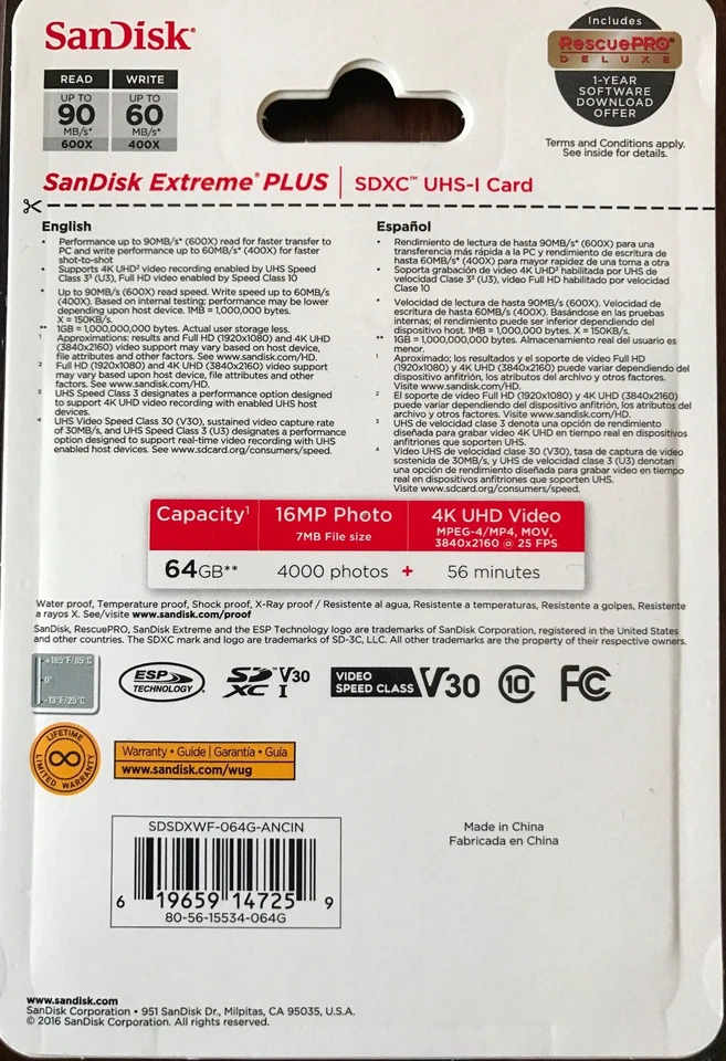 SANDISK SDSDXSF-064G-ANCIN 64GB SanDisk Extreme PLUS SDXC U3 V30 4K Memory Card - Image 2 of 4