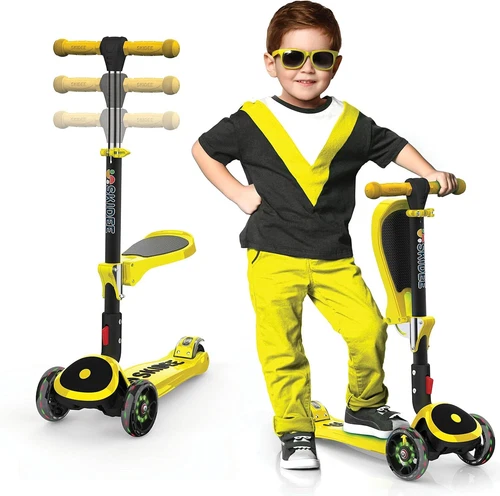 Skidee Kick Scooter for Kids w/ Adjustable Height, Foldable, LED, Rear Brake