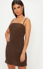 Pretty Little Thing Size 10 Gold Lurex Square Neck Shift Dress. New Without Tags