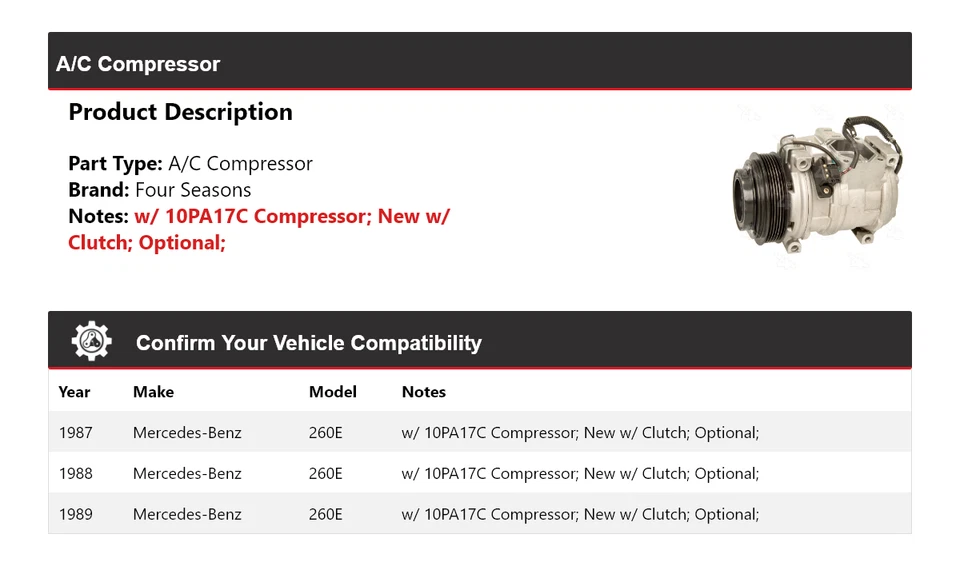 Compresor de aire acondicionado para Mercedes-Benz 260E 1987-1989 4 estaciones 1988 Foto 2 de 4
