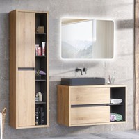 BadmöBel Set Eiche Anthrazit Hochschrank Led-Spiegel Badschrank Waschtisch Bad