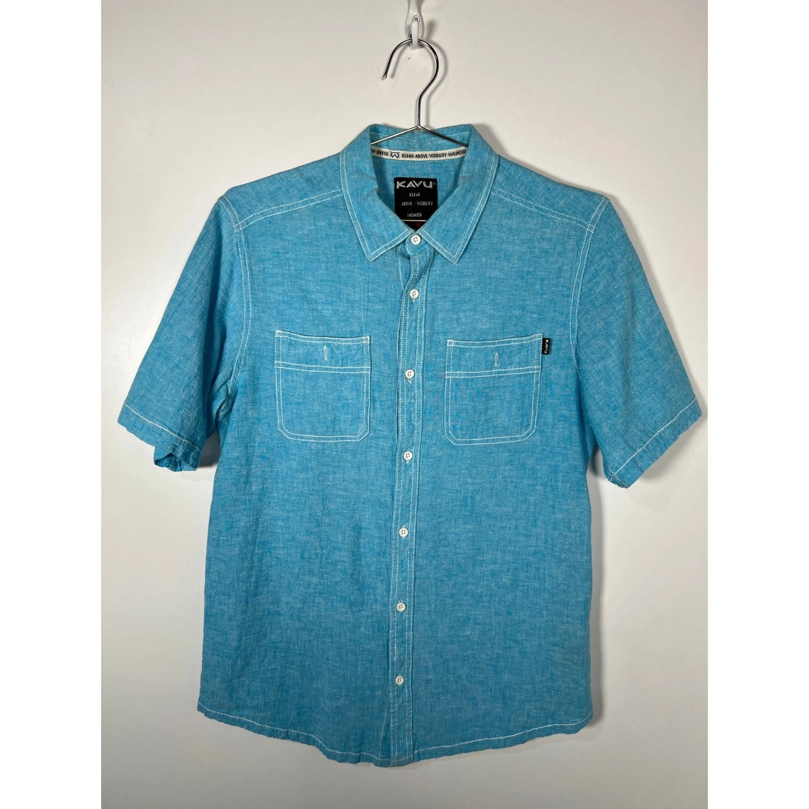 Kavu Linen Blend Short Sleeve Button Down Shirt Turquoise Blue Gorpcore Mens M