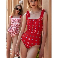 Jessie Zhao One-Piece Swimsuit Womens S Red Coral Tie Strap Reversible Swimwear