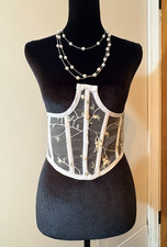 White Sheer Mesh Floral Lace-Up Boned Corset Top with Embroidered Lace