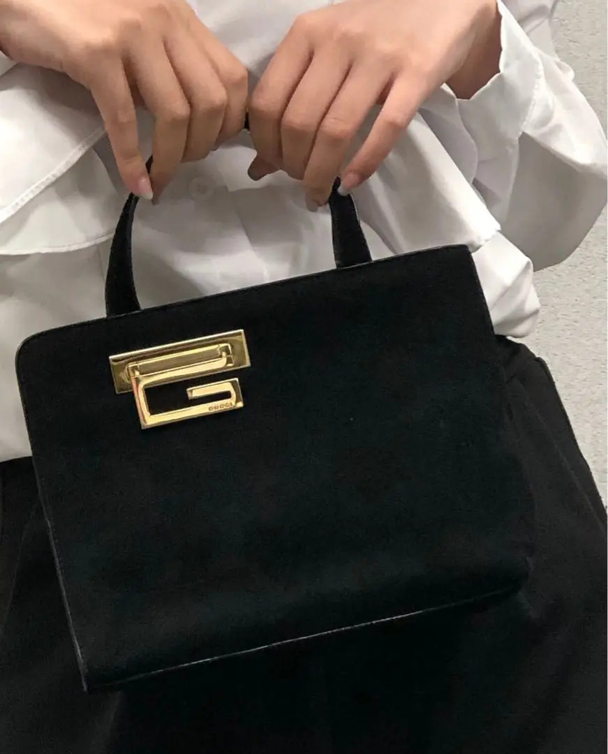 GUCCI Vintage Black Suede Mini Tote with Gold G Logo Leather Handbag