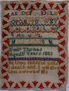LATE 19TH CENTURY ALPHABET & QUOTATION SAMPLER BY EMILY THOMAS AGED 11 1883