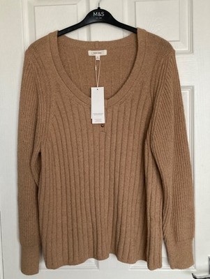 NEW M&S Per Una Ladies Natural Mix Cotton Rich Scoop Neck Knitted Top Size XL