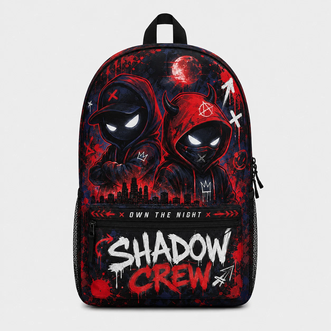 Shadow Crew Red Black Dark Graphic Urban Backpack, Street Art Teen School Backpack