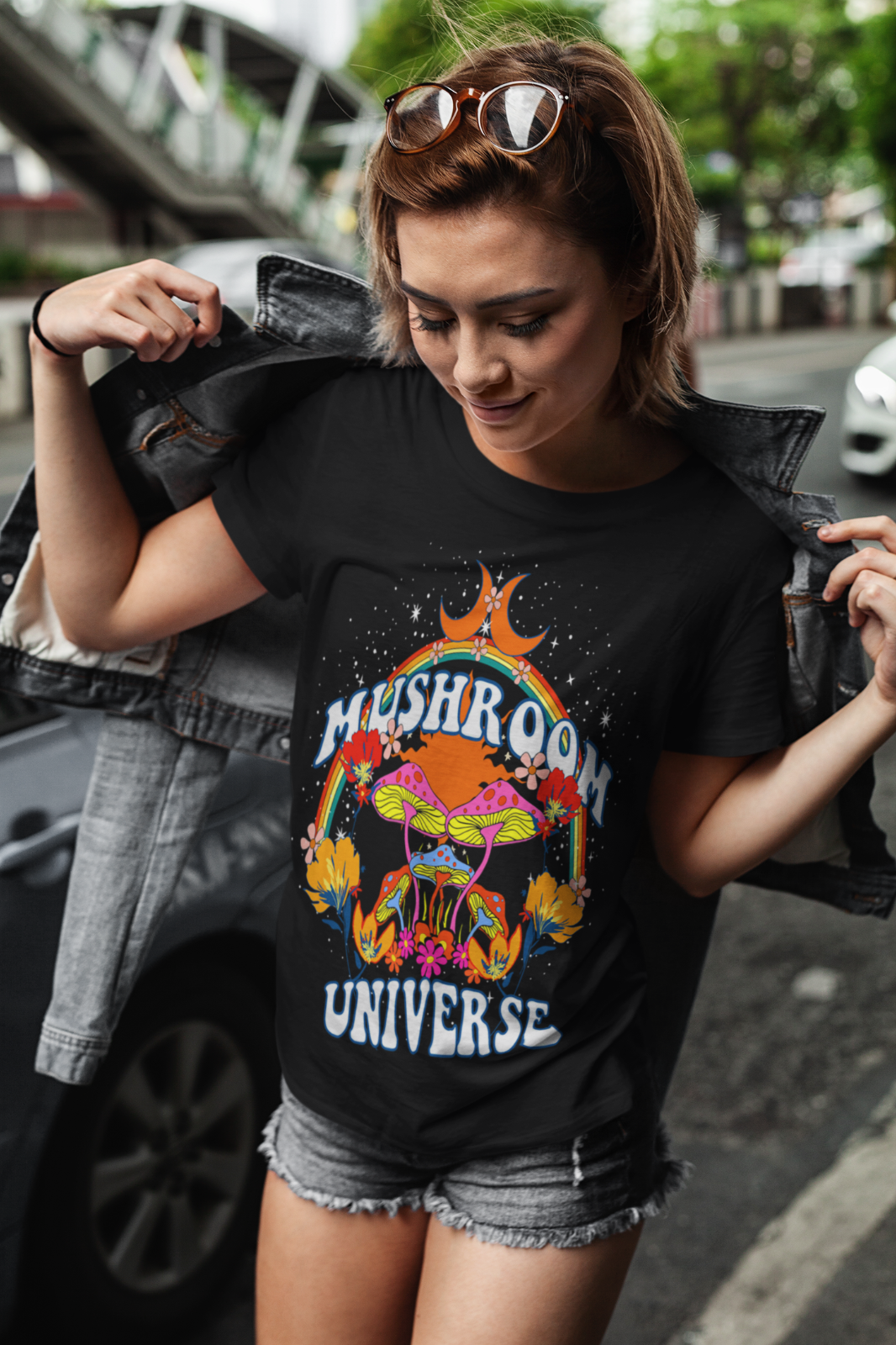 Women's Mushroom Universe Printed Short Sleeve Cotton T-shirt