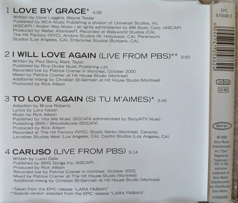 LARA FABIAN - Love By Grace - Maxi-CD / Sony Epic 2000, 670588 2 - Bild 2 von 3