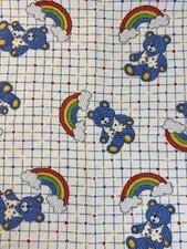 Vintage 80s Baby Dreams Rainbow Bears Blanket Cotton Flannel Hearts  Stars Grid