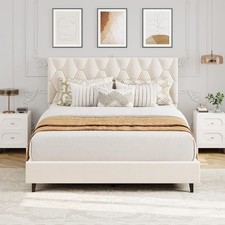 Beige Full Frame Heavy-Duty Upholstered Headboard Platform Bed Frame Wood Slats