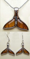 Koa Wood Pendant  Earring Set Ball Chain Whale Tail Hawaiian Jewelry Hawaii New