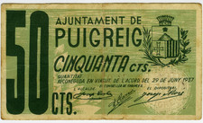 ☆ SPAIN CIVIL WAR 1937 • PUIGREIG 50 cts MUNICIPAL ☆ GUERRA CIVIL ESPAÑOLA☆D1170