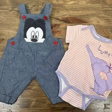 Disney Baby Mickey Mouse Chambray Overalls and Dumbo OnePiece Pink Purpl Sz 0-3M