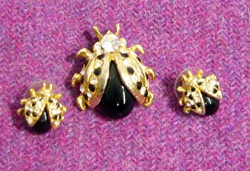 VINTAGE Black STONE BEETLE EARRINGS AND PIN BROOCH Rhinestone GOLD set - 第 1/4 張圖片
