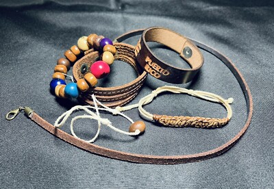Brown Themed, Leather And Beaded Jewelry Lot, Snap Bracelets, Necklace