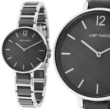 Damen Frauen Uhr edel Silber Schwarz Perlmutt elegant Keramik Edelstahl JW10115