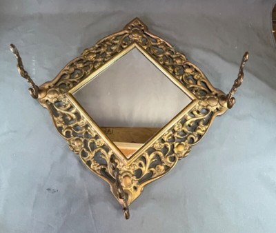 Vintage Gold Tone Cast Iron Mirror with coat hooks - Diamond shape Square 5841