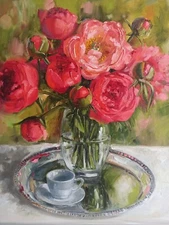 Coral pink peonies bouquet oil painting original still life