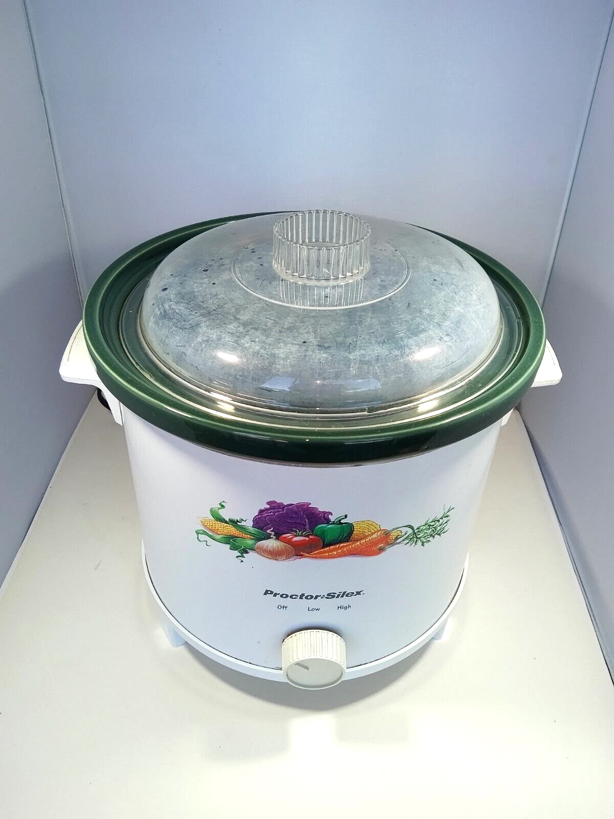 Vintage Proctor Silex Slow Cooker 4 qt Round Green With Vegetables 33430 SC01