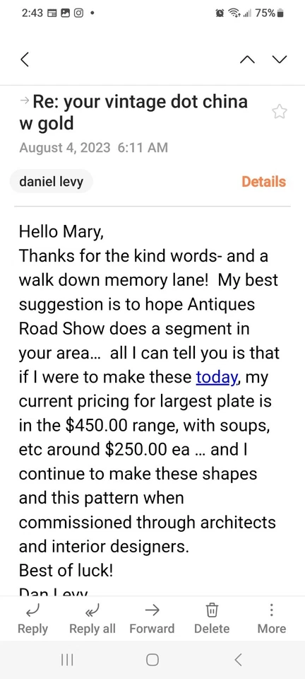 Dan Levy 1992 White & 22K Gold Handmade  Dinner Set of 24 Today $4700 Spot BH243 - Image 4 of 4