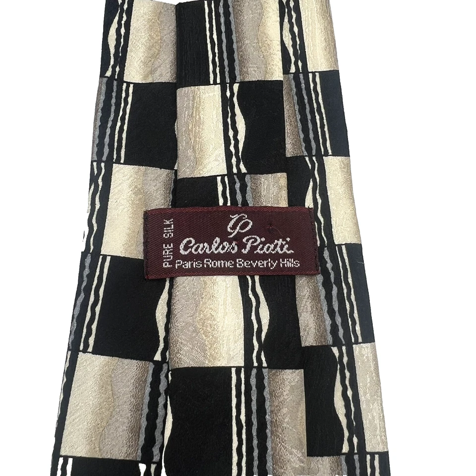 Corbata para hombre Carlos Piati Paris Roma seda pura diseño geométrico negro y crema Foto 3 de 4