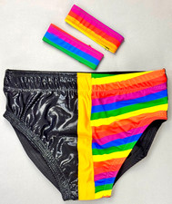 Pro Wrestling Gear Set Black Hologram & Rainbow Pride w/ Yellow Stripe & Bands S