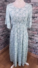 Jane Austin Green Floral A-Line Dress Size UK 12 Fluted Sleeve Midi Length