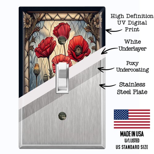 Metall Lichtschalter Steckdosenabdeckung Deko Wandplatte rot Mohnblumen EFW114 - Bild 2 von 35