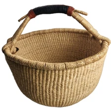 Vtg Large 15" Hand Woven African Bolga Basket Leather Wrap Handle Ghana Artisan