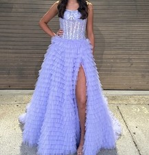 Sherri Hill Purple Tulle Sweetheart Corset Long Ruffle Ballgown Prom Dress 4