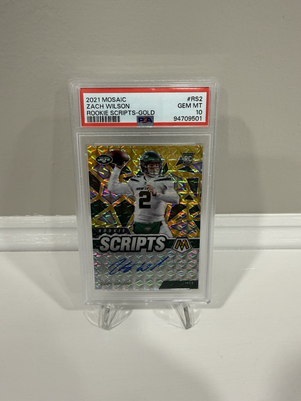 Zach Wilson 2021 Mosaic Rookie Scripts Auto Gold 5/10 PSA 10