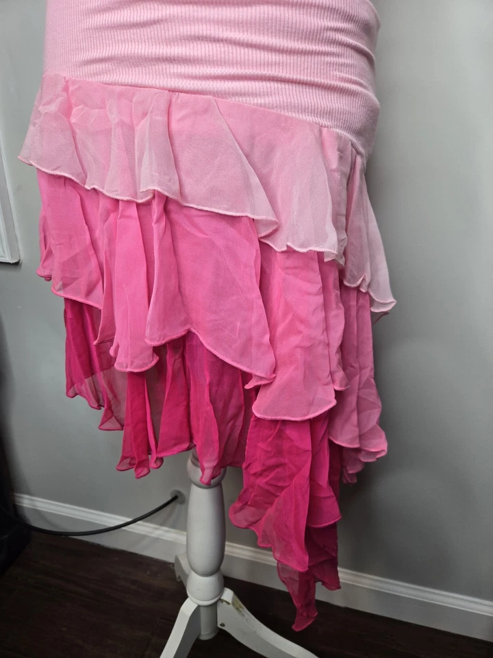 Mini Vestido Y2k Rosa Seda Bebe Fuera del Hombro Fairycore Volantes De Colección Med Foto 4 de 4