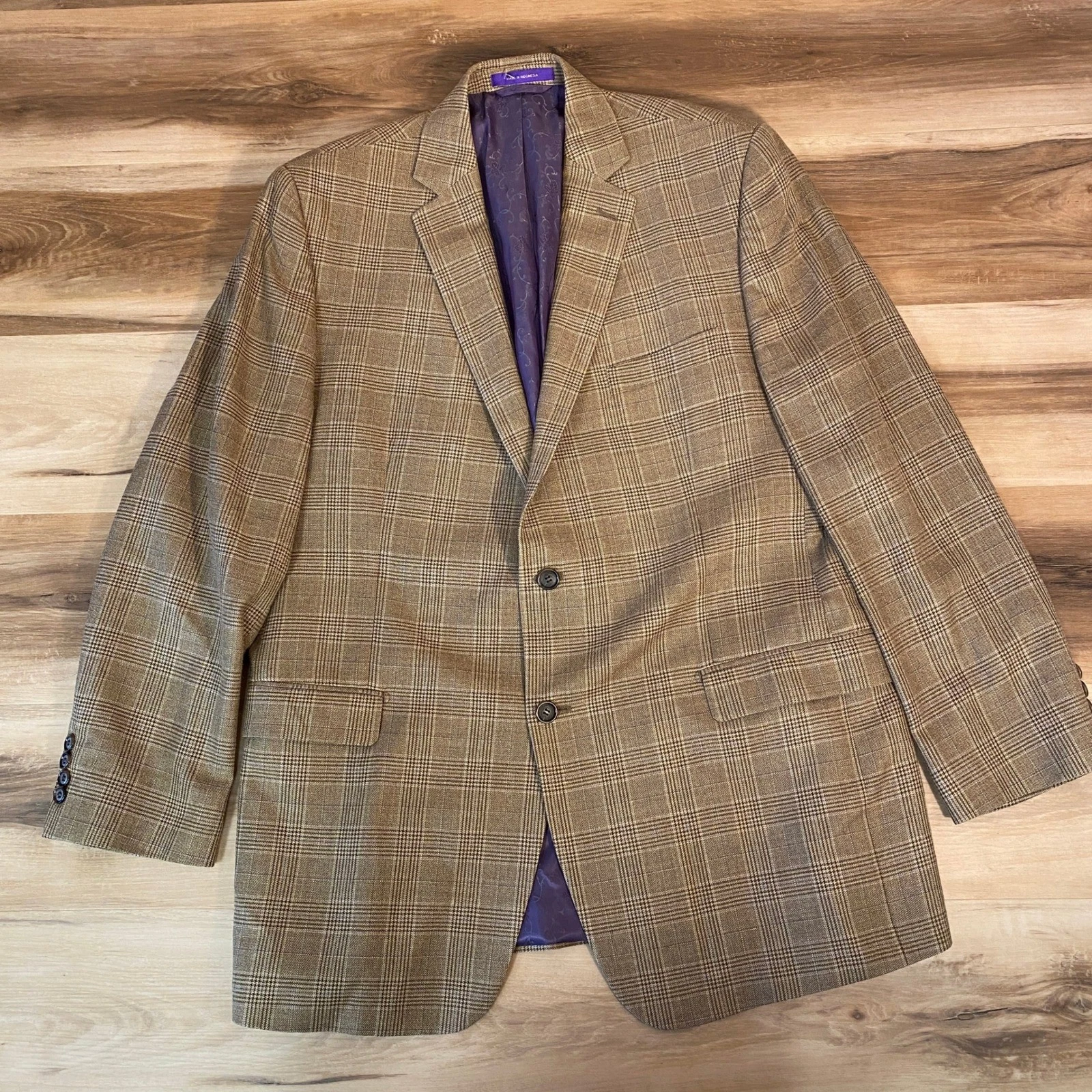 TALLIA Sport Coat Mens 44L Glen Plaid Brown 2 Button Blazer Silk Wool Jacket