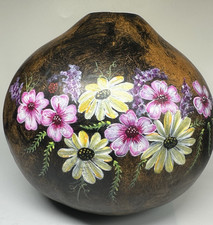 Handmade Hand Painted Dried Gourd Vase 7  x 5  Dainty Flowers with Ladybug
