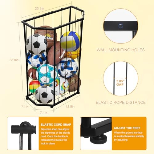 Garage Ball Storage Holder,Elastic Cord Design Can Floor-Standing & Wall Black